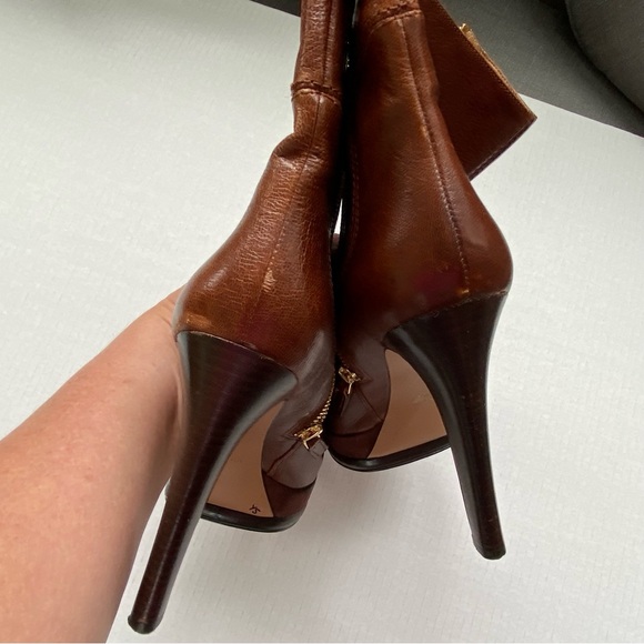 Nine West Addlana leather boots platform spike heel ankle zip round toe brown - Picture 6 of 13